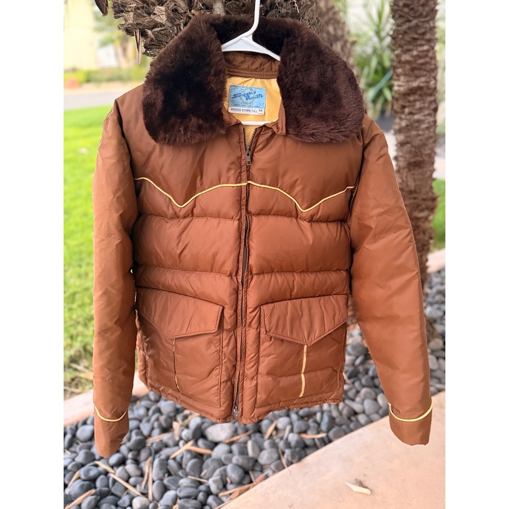 Vintage Sundance Products Goose Down Puffer Jacket Brown Western Faux Fur Collar